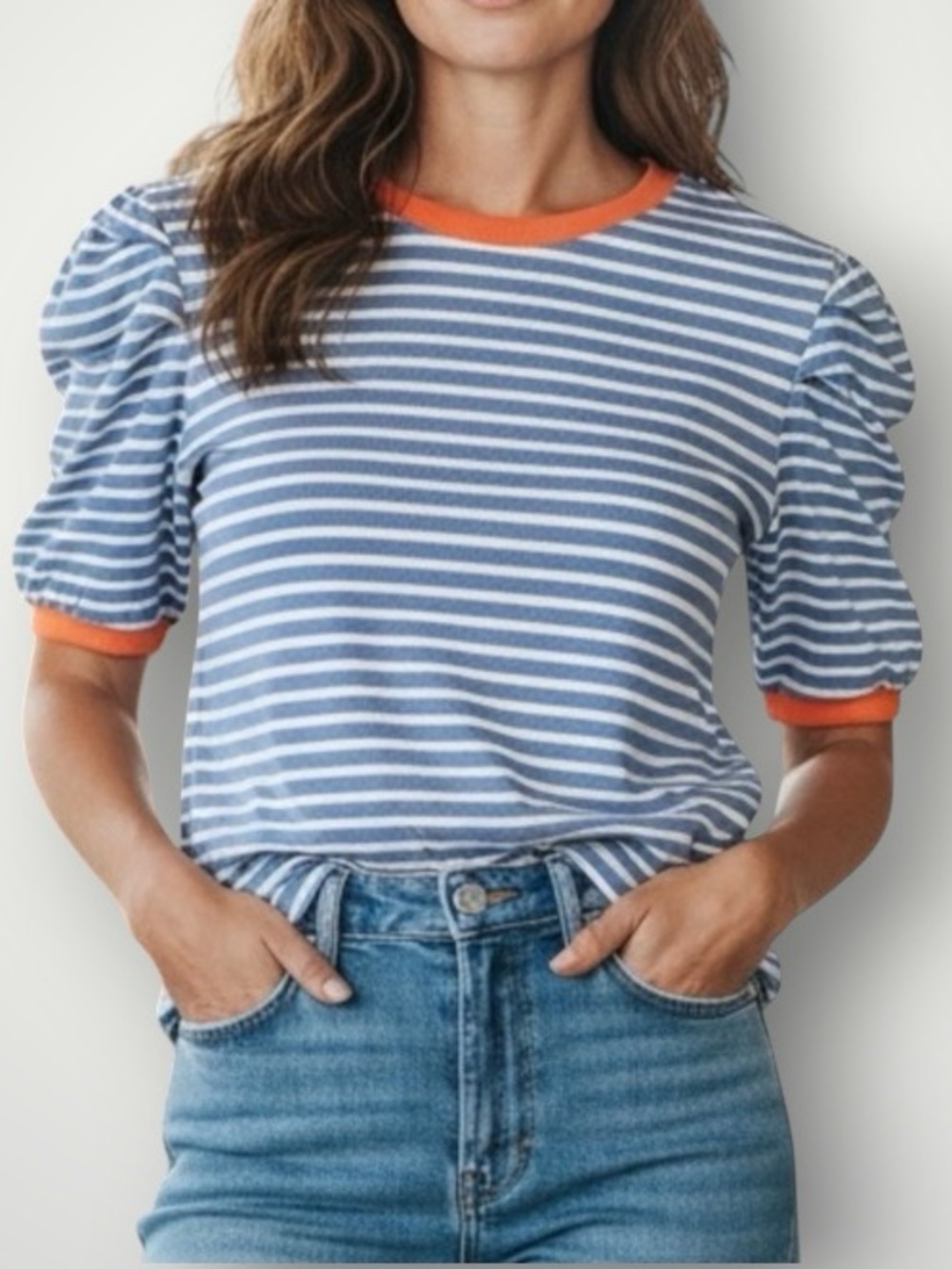 Rebecca Minkoff 1/2 Puff Sleeve Blue & White Striped Top Womens Sz XL